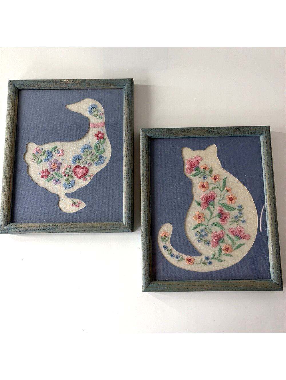Vintage Goose Cat Pair Framed Hand Embroidered Silhouette Floral Country Blue